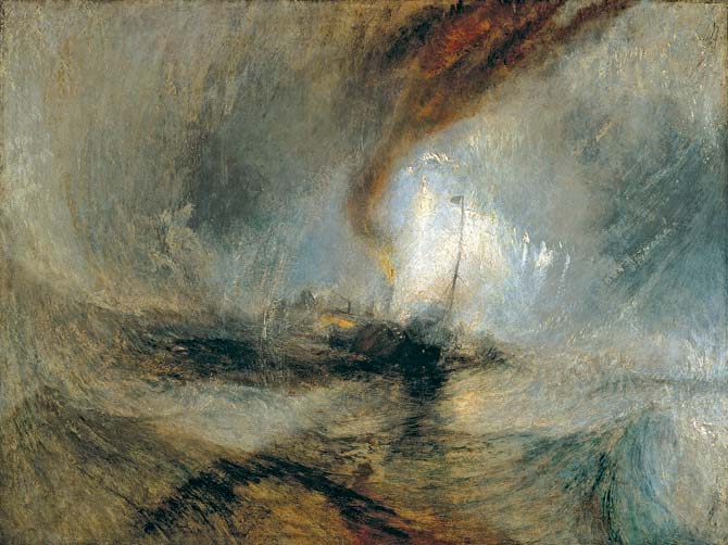 JMW Turner brought the Romantic spirit into his marine paintings. Seen above is Turner’s Snow Storm: Steam-Boat off a Harbour’s Mouth, first exhibited in 1842