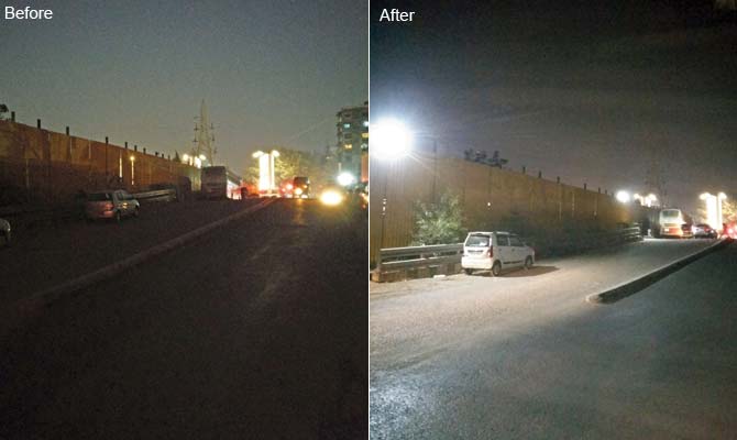The road in front of Andheri RTO before and after installation of the LED lights