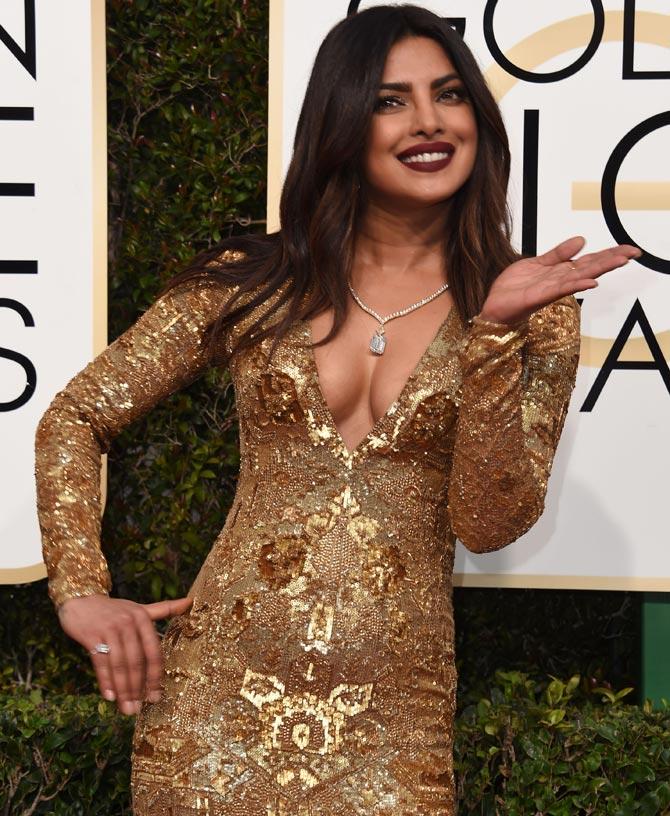 Priyanka Chopra Glitters In A Gold Gown At Golden Globe Awards 2017