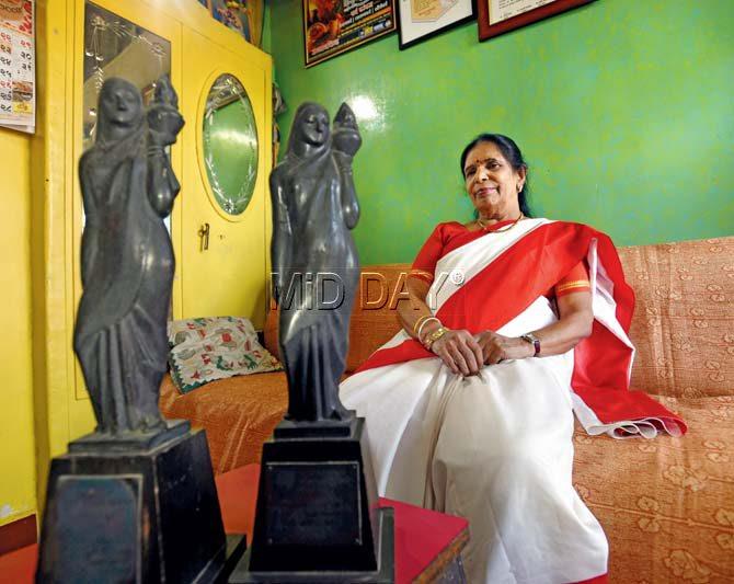 Pushpa Pagdhare flanked by awards she received from the state for her contribution to music. Pics/Rane Ashish
