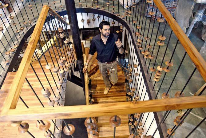 Romil Ratra on the abacus-inspired wooden staircase that leads to the second level of Shizusan. Pic/Pradeep Dhivar