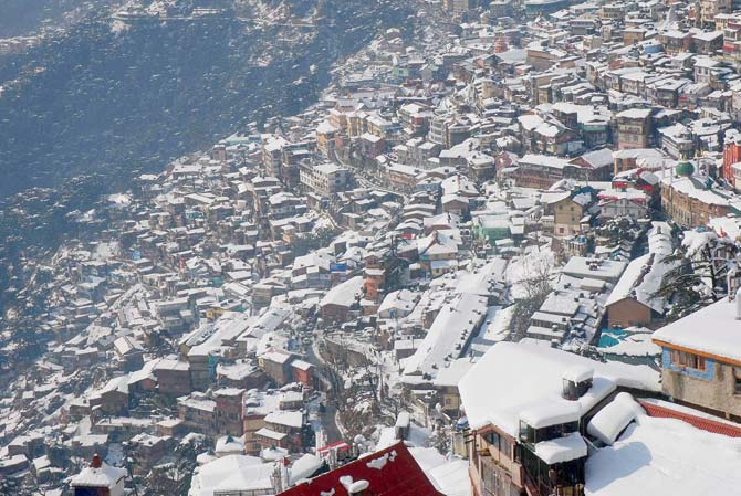 Shimla after it snowed yesterday. Pic/PTI