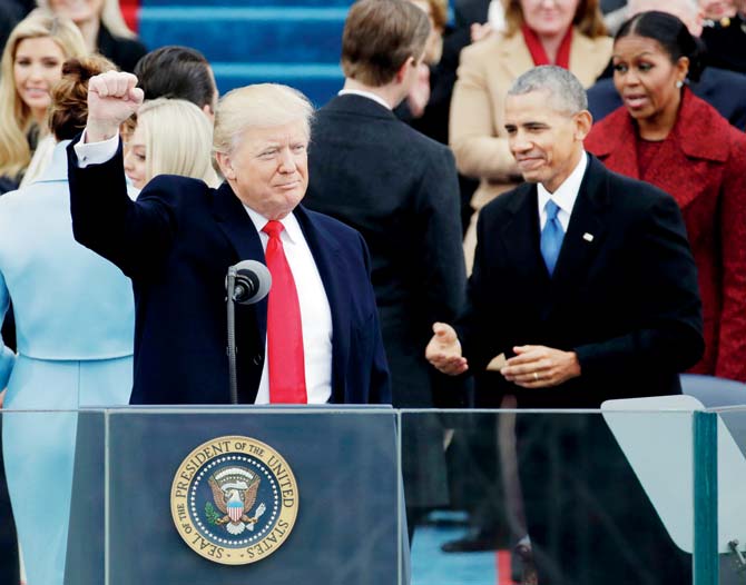 President Donald Trump gestures after being sworn in as the 45th President of the United States. Pic/AP
