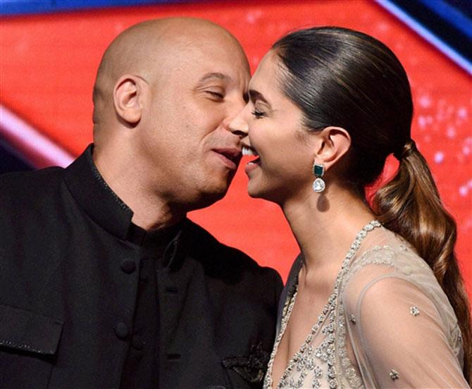 Hollywood actor Vin Diesel with actress Deepika Padukone during a press conference to promote their upcoming film 