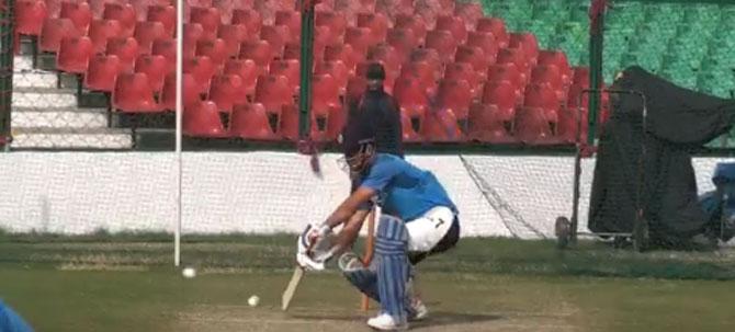 MS Dhoni in action in the nets on Wednesday.
