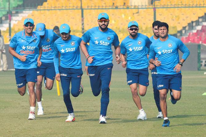 Indian players during a practice session at Green Park stadium in Kanpur on Wednesday ahead of the first India-England T20 match. PTI