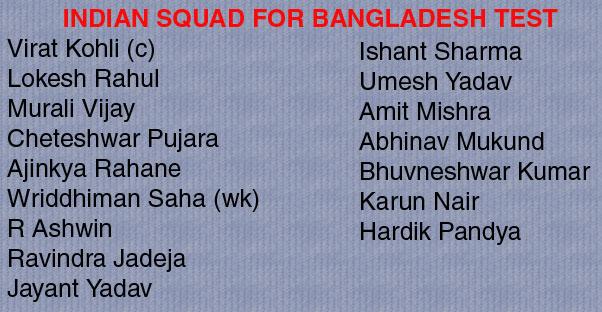Indian squad for the one-off Bangladesh Test