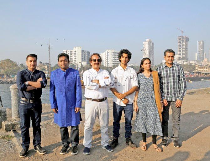 (L-R) Producer Kishor Arora, AR Rahman, Majid Majidi, Ishaan Khattar, Producer Shareen Mantri Kedia, Akash Chawla - Business Head, Zee Studios