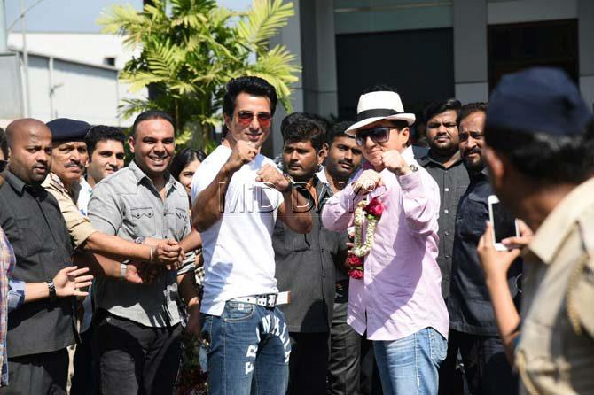 Sonu Sood and Jackie Chan at Mumbai airport