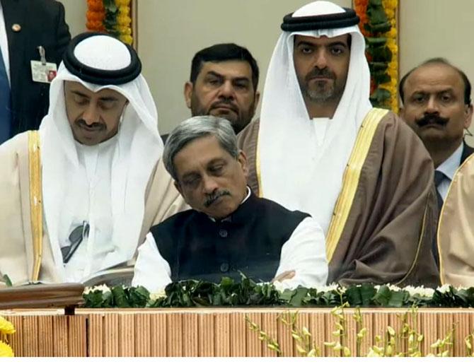 Videograb of Defence Minister Manohar Parrikar sleeping during the 2017 Republic Day parade