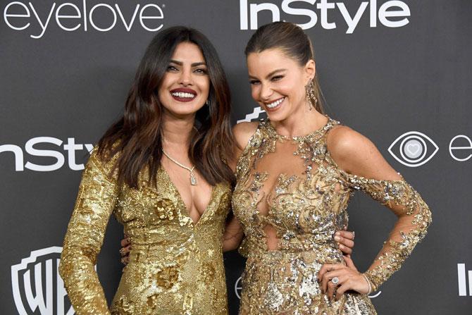 Actresses Priyanka Chopra (L) and Sofia Vergara attend the 18th Annual Post-Golden Globes Party hosted by Warner Bros. Pictures and InStyle at The Beverly Hilton Hotel on January 8, 2017 in Beverly Hills, California