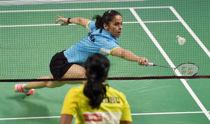 Saina Nehwal of Awadhe Warriors plays against V Sindhu Pusarla of Chennai Smashers during the Premier Badminton League II, 2017, Stage 2-Team Knock out (women
