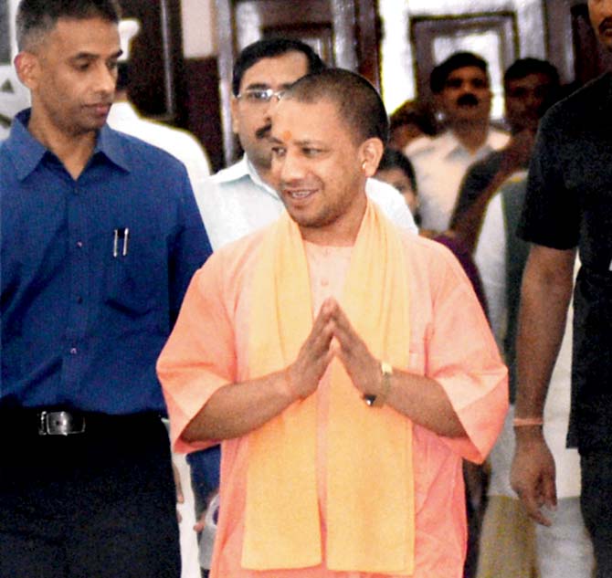Chief Minister Adityanath informed the House that the white powder was found wrapped in a paper close to the seat of the Leader of the Opposition in the Assembly. Pics/PTI