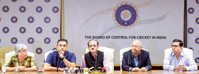 Committee of Administrators member Diana Edulji (left), new coach Ravi Shastri, BCCI’s acting president CK Khanna, acting secretary Amitabh Choudhary and CEO Rahul Johri during a press conference at the Cricket Centre, Wankhede Stadium yesterday. Pic/PTI