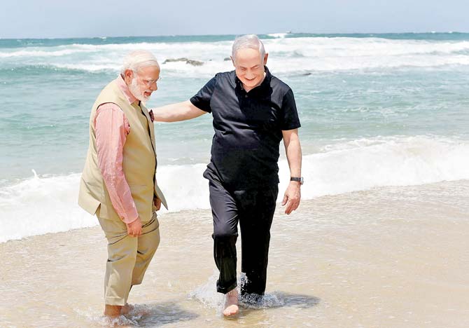 PM Modi with Israeli Prime Minister Benjamin Netanyahu in Israel. Pic/AFP