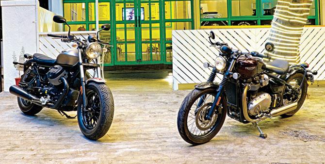 (L)The Moto Guzzi is quick off the block, but it doesn