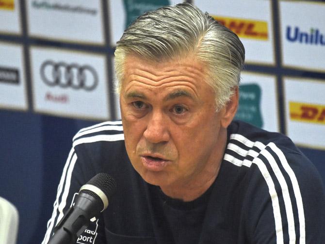 Bayern Munich football coach Carlo Ancelotti speaks during a pre-match press conference in Singapore on July 26, 2017, ahead of the International Champions Cup football match between Bayern Munich and Inter Milan on July 27. Bayern Munich coach Carlo Ancelotti said July 26 he would not be rushed into a decision about Renato Sanches