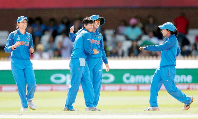 India’s Deepti Sharma celebrates with skipper Mithali Raj after claiming the wicket of Seda Nain Fatima Abidi of Pakistan during the ICC Women’s World Cup match against Pakistan at the County Ground in Derby, England on on July 2. PIC/Getty Images