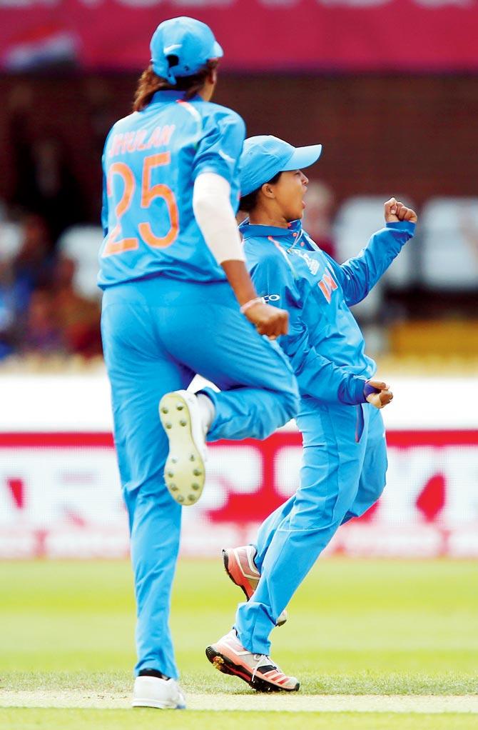 India’s Ekta Bisht (right) celebrates the wicket of Pakistan’s Iram Javed during the ICC Women’s World Cup match in Derby yesterday. Pic/Getty Images