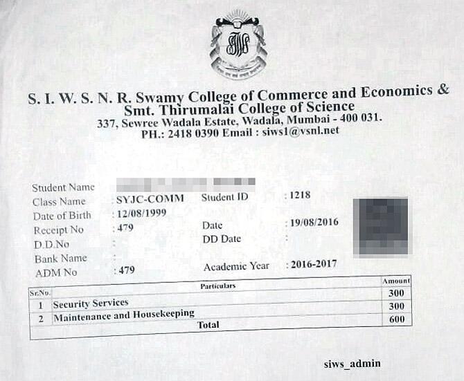 One of the receipts issued to students and submitted as proof