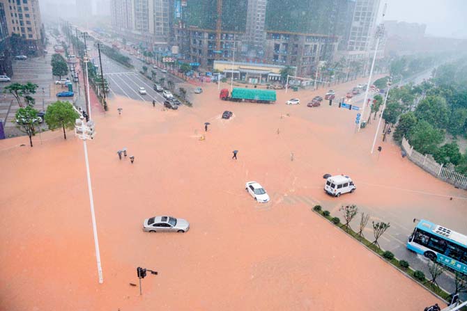 An aerial view of a flooded street in Changsha, Hunan province. Pic/AFP