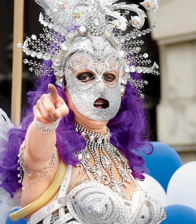 A costumed man gestures during the 24th Gay Pride Parade in Montpellier, southern France