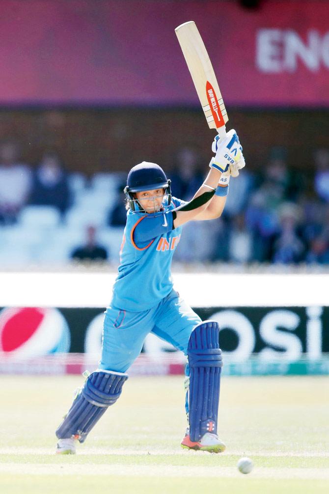 Harmanpreet Kaur during her unbeaten 171 against Australia in the Women’s World Cup semi-final in Derby recently. Pic/Getty Images