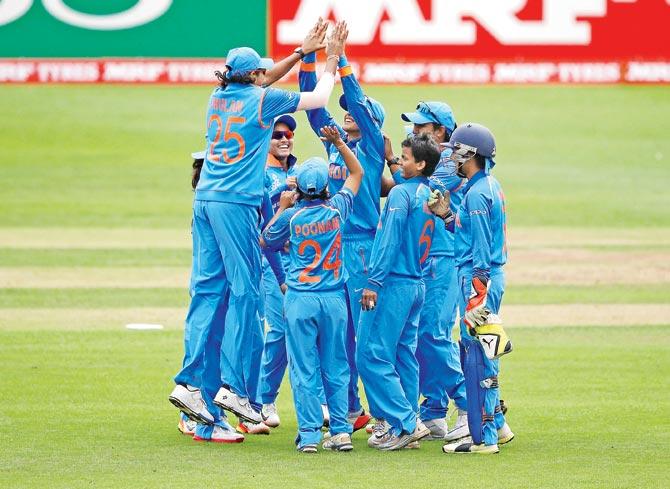 Indian players celebrate the wicket of West Indies’ Stafanie Taylor during their Women’s World Cup match in Taunton  on Thursday.  Indian players celebrate the wicket of West Indies’ Stafanie Taylor during their Women’s World Cup match in Taunton  on Thursday. Pics/Getty Images