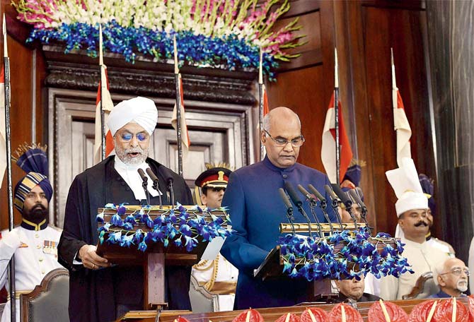 Ram Nath Kovind was sworn-in as the 14th President of India by Chief Justice of India, Justice JS Khehar in Parliament yesterday. Pic/PTI