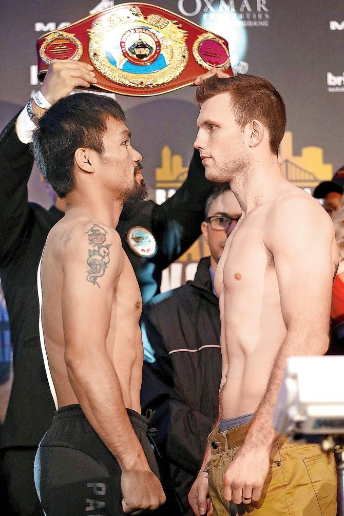 Manny Pacquiao and Jeff Horn after the weigh in at Brisbane on Saturday. Pic/Getty Images