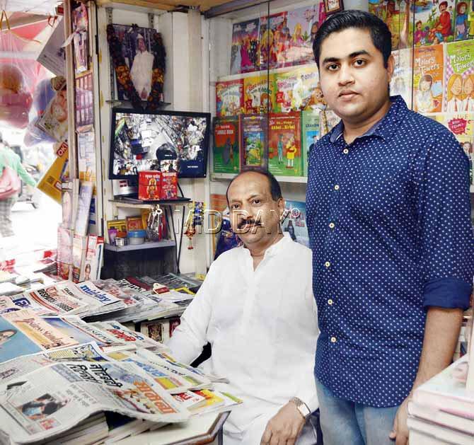 Ganesh Nayak with his son Vineet at the VL Nayak newspaper stall near Khar station, the suburb