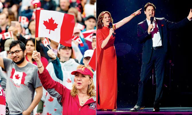 (From left) People gather in the rain to celebrate Canada’s 150th birthday. Justin Trudeau and wife Sophie Gregoire Trudeau. Pics/AFP