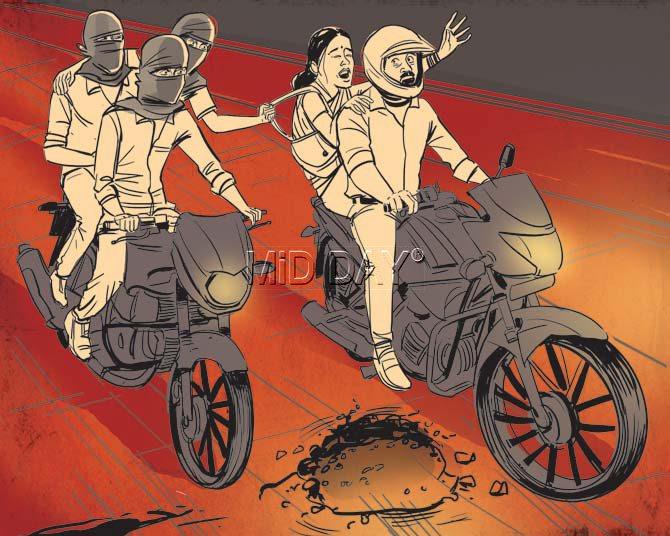 Three bikers close in and snatch the handbag containing two  mobiles worth Rs 11,500 and Rs 2,500 in cash