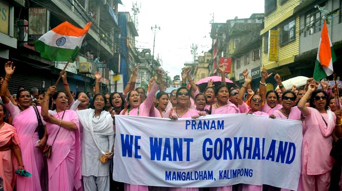 Pranami members take out a procession demanding for separate Gorkhaland in Kalimpong. Pic/AFP