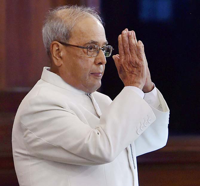 President Pranab Mukherjee gestures after his speech during his farewell ceremony in the Central Hall of Parliament in New Delhi. Pic/AFP