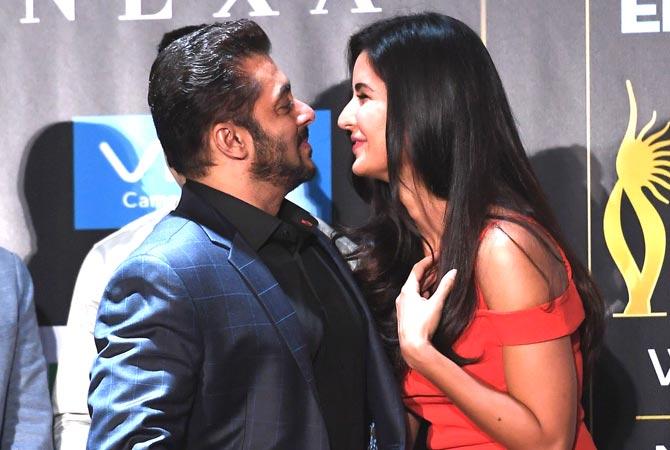 Bollywood actor Salman Khan (L) greets actress Katrina Kaif during a press conference ahead of the 18th International Indian Film Academy (IIFA) Festival, in New York. Pic/AFP