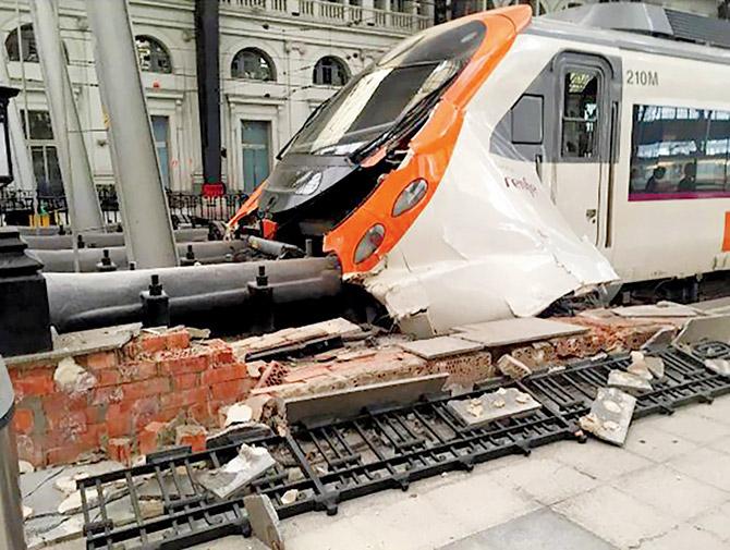 The commuter train which slammed into the end of the platform during the morning rush hour. Pic/AFP