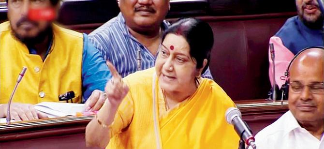 Sushma Swaraj said China intends to unilaterally change the status of the tri-junction with Bhutan. PIC/PTI