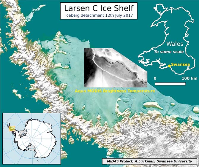 This handout image received on July 12 from Swansea University shows an illustration depicting an iceberg detachment from the Larsen C Ice Shelf