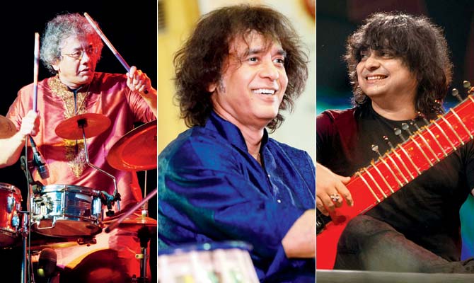 (From left) Taufiq Qureshi, Ustad Zakir Hussain, and Niladri Kumar will showcase different patterns of beats with melodies at a concert on Sunday