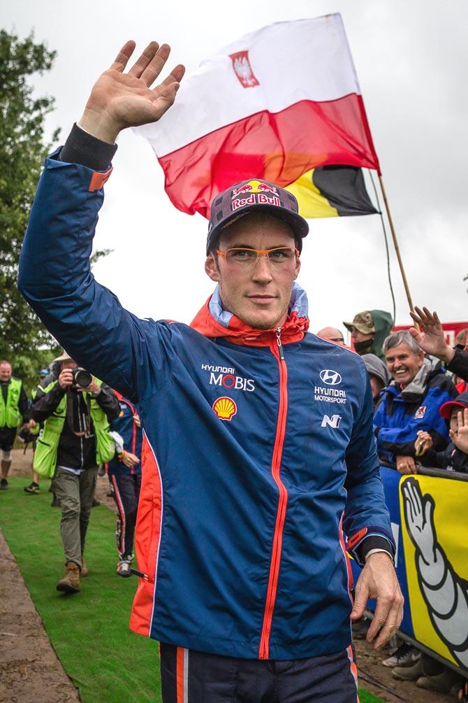 First placed Belgian Thierry Neuville celebrates his victory after the superpower stage of the Orlen Rally Poland in Paprotki. Pic/AFP