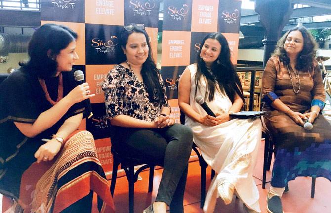 (Left to right): Ruchita Dar Shah, founder, First Moms Club; Priyanka Agarwal, CEO, Wishberry.in and author Rashmi Bansal (far right) at a discussion on sexism and startups moderated by Meghna Pant (in white)