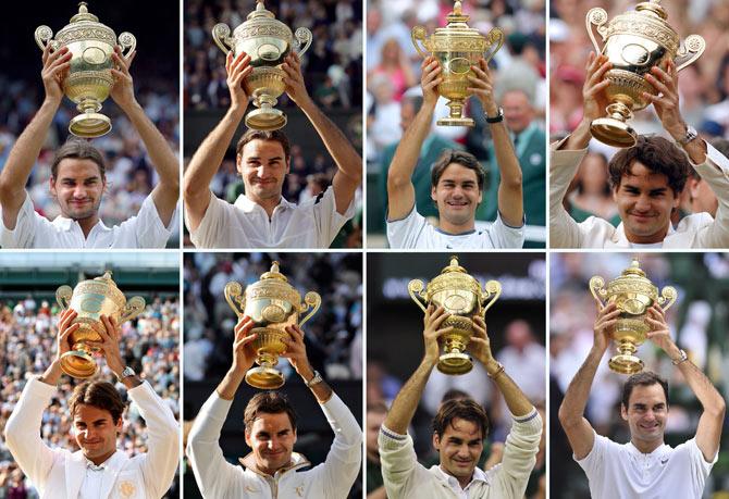 A combination of photographs created on July 16, 2017 shows Switzerland’s Roger Federer holding up the Wimbledon Championships trophy after winning each of his eight men’s singles titles at The All England Tennis Club in Wimbledon, southwest London, in (top L-R) 2003, 2004, 2005, 2006, (bottom L-R) 2007, 2009, 2012 and July 16, 2017. Roger Federer won a record eighth Wimbledon title and became the tournament
