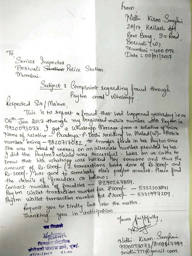 Victim Pragya Doshi and the letter she sent to the police