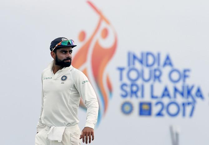 Virat Kohli looks on during the second day of the first Test match between Sri Lanka and India