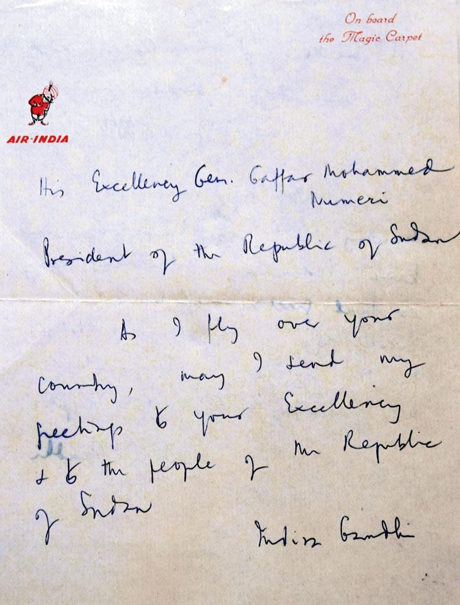 A hand-written note by PM Indira Gandhi that contains her protocol announcement to the President of Republic of Sudan, as she was flying over the country