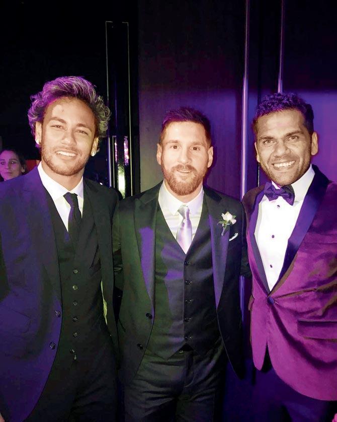 Neymar posted this picture with Messi and Daniel Alves Da Silva on Instagram