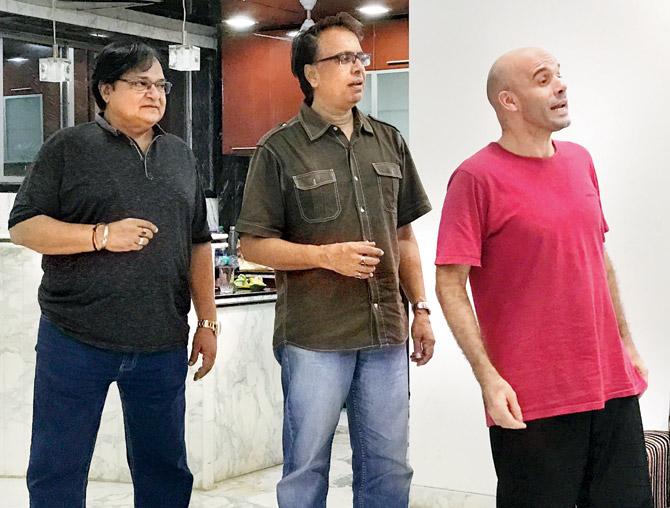 (From left) Actors Rakesh Bedi, Anant Mahadevan and Zachary Coffin during rehearsals in Juhu.