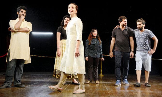 Anna Bychkova Nair (centre, in white kurta), who plays the role of Carolina, and other members of the cast at a rehearsal of Il Matrimonio Segreto. The opera has two sets of cast. PICS/SNEHA KHARABE