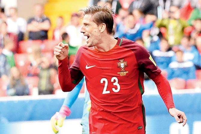 Portugal striker Adrien Silva celebrates his goal against Mexico during the Confederations Cup third-place match at Spartak Stadium at Moscow yesterday. Portugal won 2-1. Pic/AFP